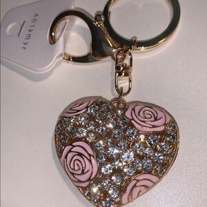 Heart Crystal purse/bag charm Keychain with Pink Roses